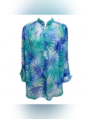 Bon Worth Size M Green Blue Mesh Tropical Print Palm Tree Leaf Blouse Top